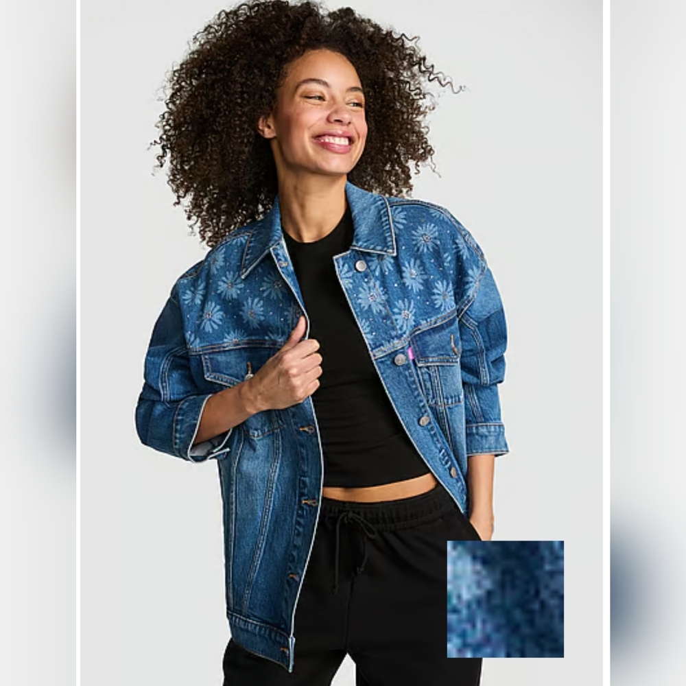 PINK VS Denim Oversized Tracker Jacket Med.Wash DaisyBling.Size M. RARE